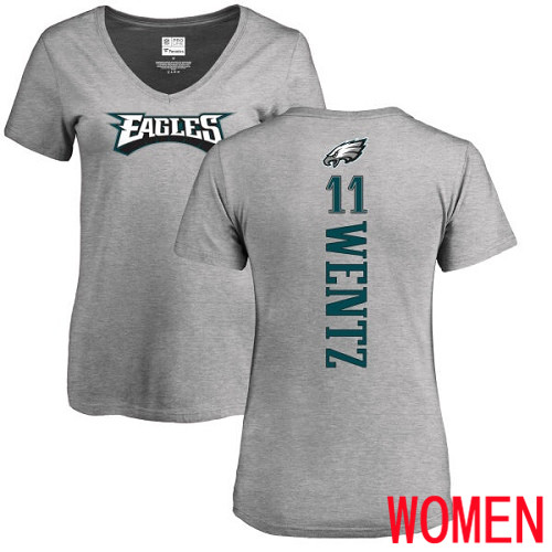 Women Philadelphia Eagles #11 Carson Wentz Ash Backer V-Neck NFL T Shirt